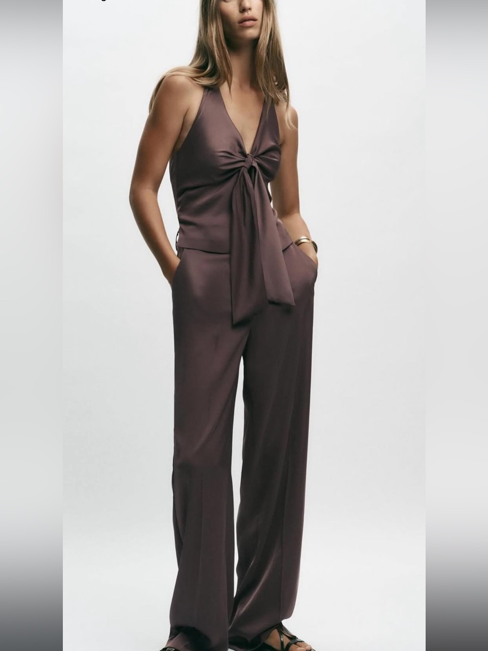 Zara Plum Tie-Front Wide-Leg Jumpsuit